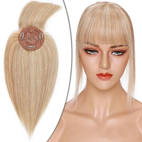 Remy 100% Human Hair Topper Women Ash Blonde Mix Clip-In 14in Hairpiece w/ Bangs - Picture 5 of 9